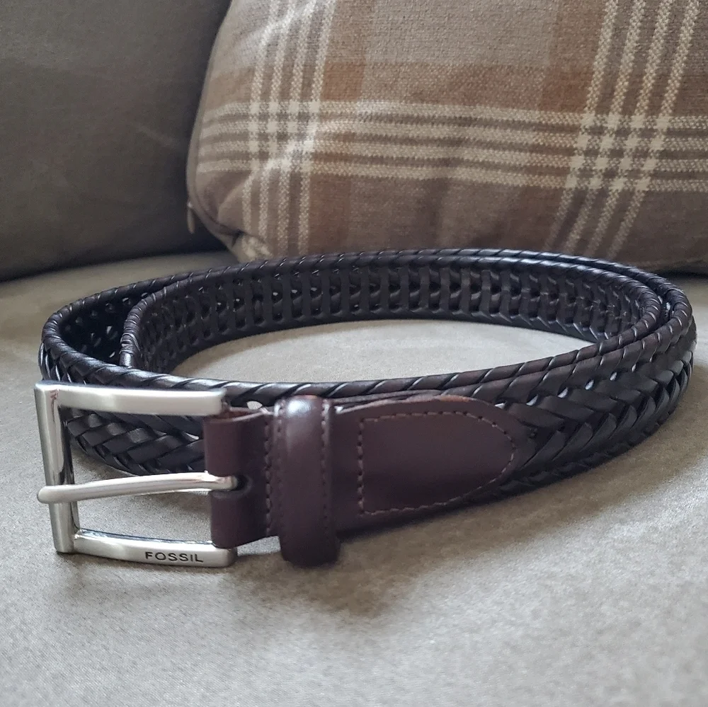 Fossil Men's Brown Woven Leather Belt In Myles  Cognac Size 38